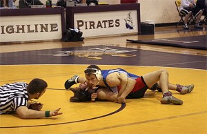 Hazen's Austin Clark pins a Kennedy Catholic wrestler at the Seamount 3A wrestling tournament Feb. 5.