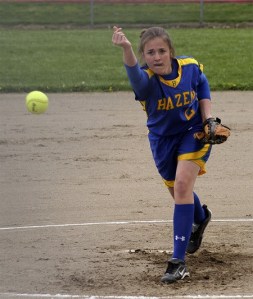 Hazen's Kelsey Knauss throws a pitch against Renton April 19.