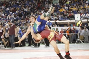 Liberty's Hamilton Noel wrestles Praire's Travis Addy in the first round of the 3A state wrestling match. Noel took second place at 145 pounds.