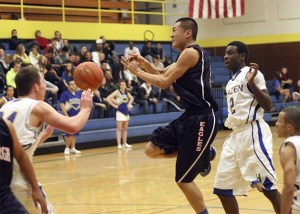 Lindbergh's Jimmy Keum drives and passes against Hazen Dec. 6.