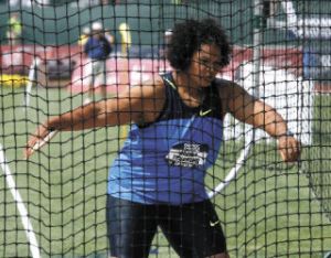 Aretha Thurmond throws at the U.S. Olympic Track and Field Trials in Eugene