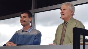 Track announcers Matt Dinerman, left, and Joe Withee go to work on opening night. RACHEL CIAMPI, Reporter