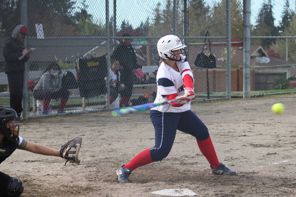 Freshman Lia Evans watch the pitch come her way during Monday&rsquo;s win.