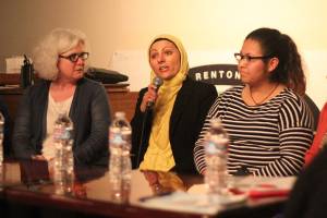 (From left) Maggie Breen, Aneelah Afzali and Cinthia Vasquez were few of the panelists present at the town hall on May 16 at Luther&rsquo;s Table. Photo by Leah Abraham