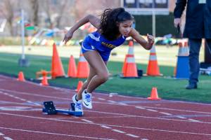 Hazen freshman Giselle Guevara competes in the 400 meter during the March 15 meet against Kentlake. Photo courtesy of Judah Wong