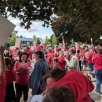 Attendees of the rally outside the school district board meeting Wednesday, Aug. 8. Photos courtesy of Cami Kiel