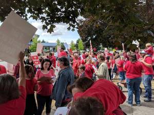 Attendees of the rally outside the school district board meeting Wednesday, Aug. 8. Photos courtesy of Cami Kiel