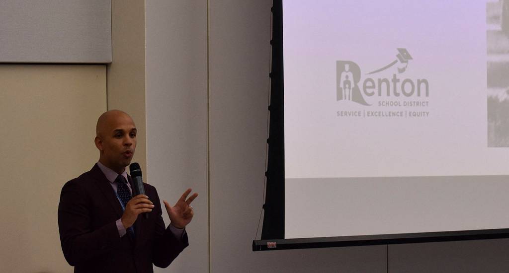 Photo by Haley Ausbun. Renton School District Superintendent Damien Pattenaude speaks at the Oct. 9 Sartori Elementary School ribbon cutting.