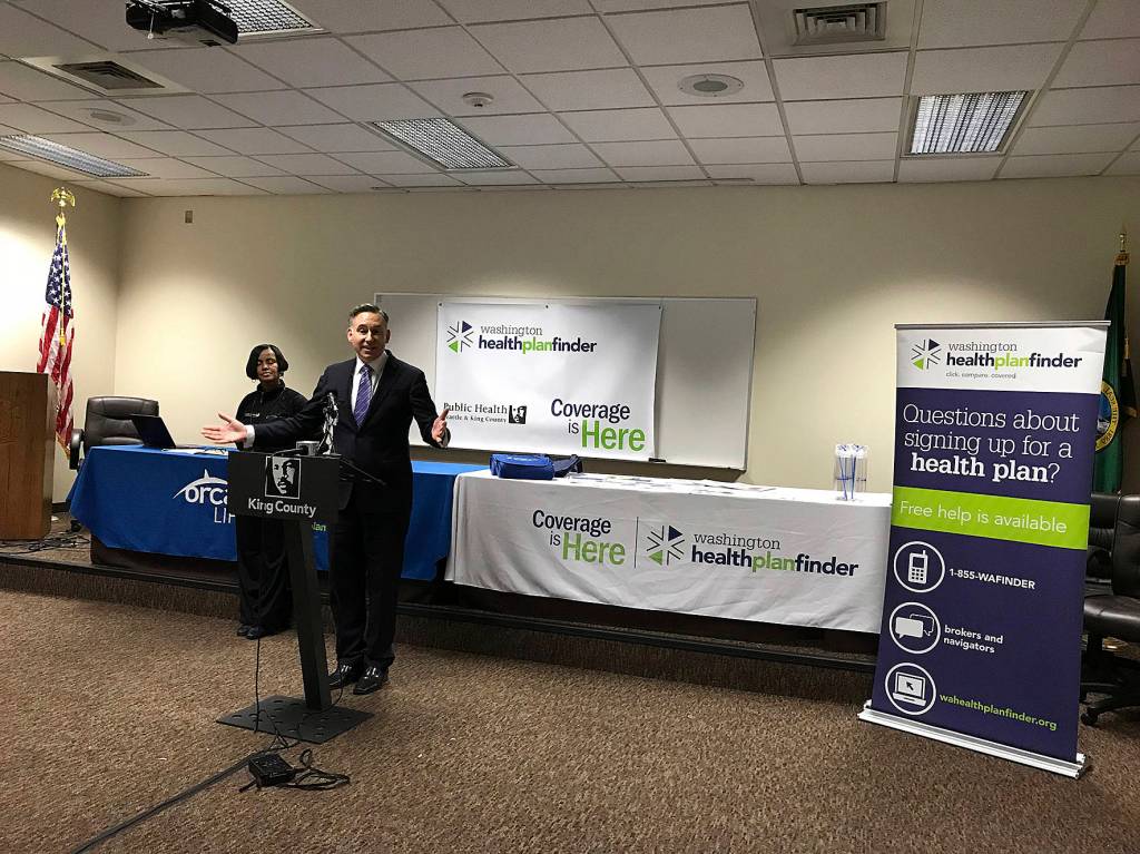 Photo by Haley Ausbun.                                King County Executive Dow Constantine speaks about Affordable Care Act outreach for King County. The shortest enrollment period, six weeks, began Nov. 1.