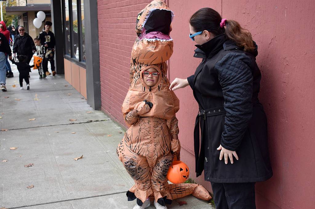Angelea in a prehistoric costume for the daytime trick-or-treating.