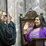COURTESY PHOTO, Washington State Senate                                Sen. Mona Das, D-Covington, right, is sworn into the Washington State Senate by State Supreme Court Chief Justice Mary Fairhurst on Monday.