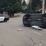 A vehicle driving erratically near Northeast 3rd and Bronson Way Northeast Thursday morning reportedly hit a vehicle backing out of their driveway and a parked car. Photos courtesy Renton Police Departments Facebook