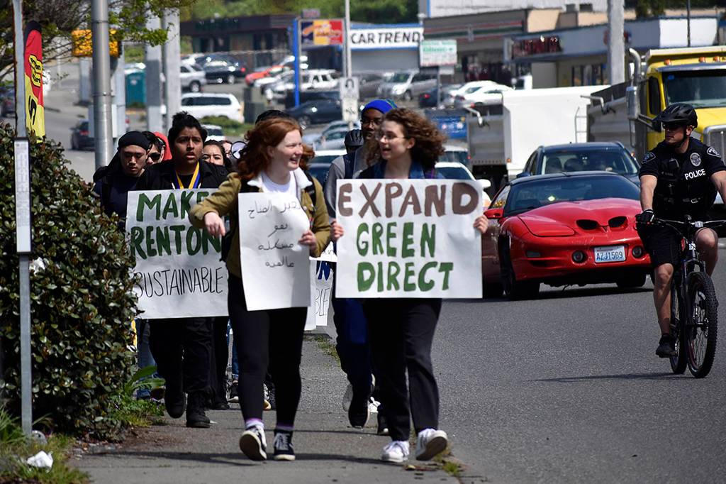 Photo By Haley Ausbun. About 20 Hazen High School students walked out of classes Friday, April 26, and marched to Renton City Hall to ask for sustainability and the fight against climate change locally.