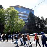 Photo by Haley Ausbun. Students protesting for sustainability in Renton approach city hall after a nearly 90-minute walk.