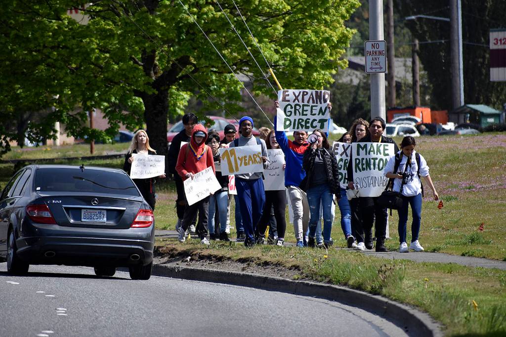 Photo By Haley Ausbun. About 20 Hazen High School students walked out of classes Friday, April 26, and marched to Renton City Hall to ask for sustainability and the fight against climate change locally.