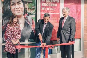 Photo by Evyson Beasley. Jodi Novotny, Renton Technical College (RTC) dean of College and Career Pathways; Mayor Denis Law, and RTC President Kevin McCarthy officially launch the downtown RTC center.