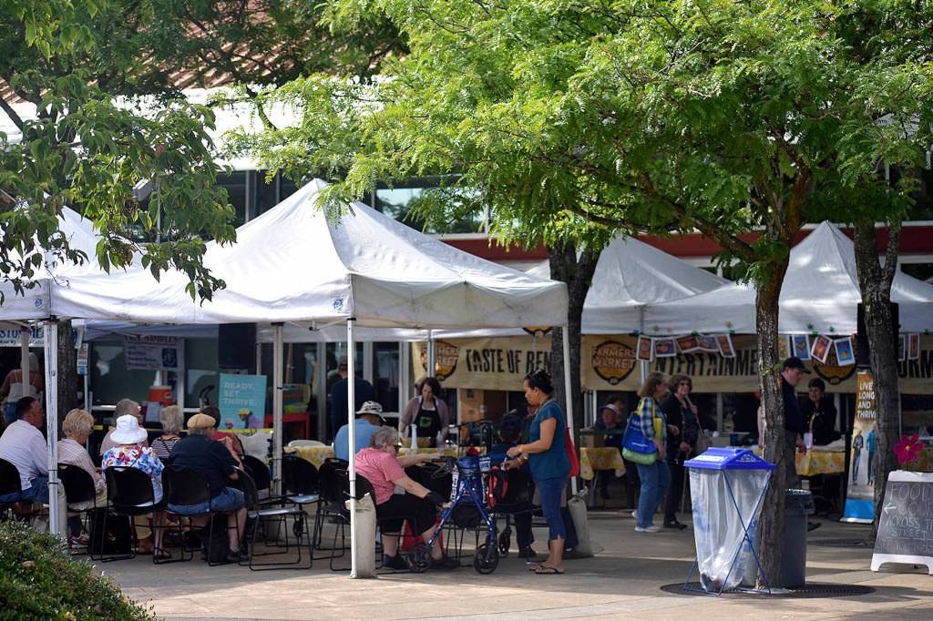 Photo by Haley Ausbun. Renton Farmers Market opened for the 2019 season Tuesday, June 4 at Piazza Park. This year the market expands with a larger food truck section across Logan Avenue South, which is now closed during the market to create easy access between the food court and other vendors.