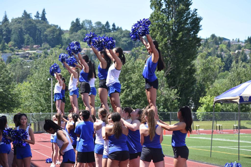 Photo by Haley Ausbun. Hazen High School cheer teams performed, rallying the crowd and two teams at the 2019 First Responder Bowl on Saturday, June 8 at Renton Memorial Stadium.