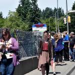 Photo by Haley Ausbun. Attendees of the Sunset fence dedication on June 9, walk along the 800 feet of art.