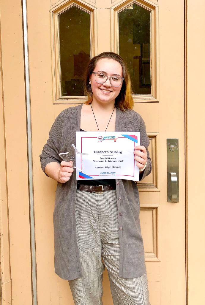 Elizabeth Selberg holding her award she received from the 17th Annual 5th Avenue Theatre Awards.                                Photo courtesy of Emma Austin.