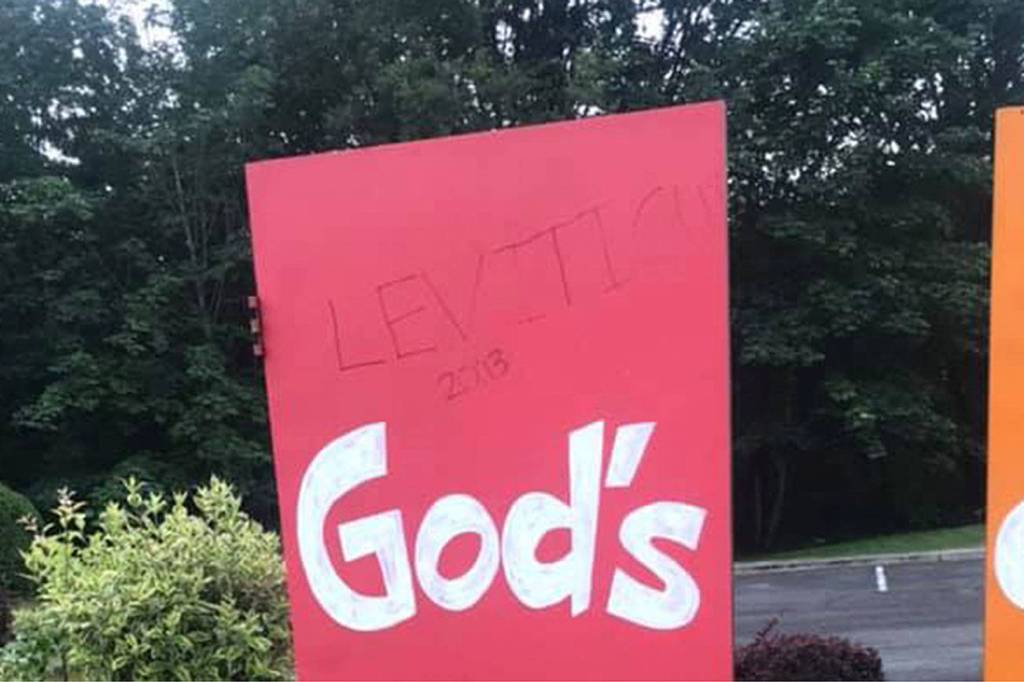 Photo courtesy of Bailey Laronde, from the Wednesday, June 19 potential arson/explosion of two of the signs.