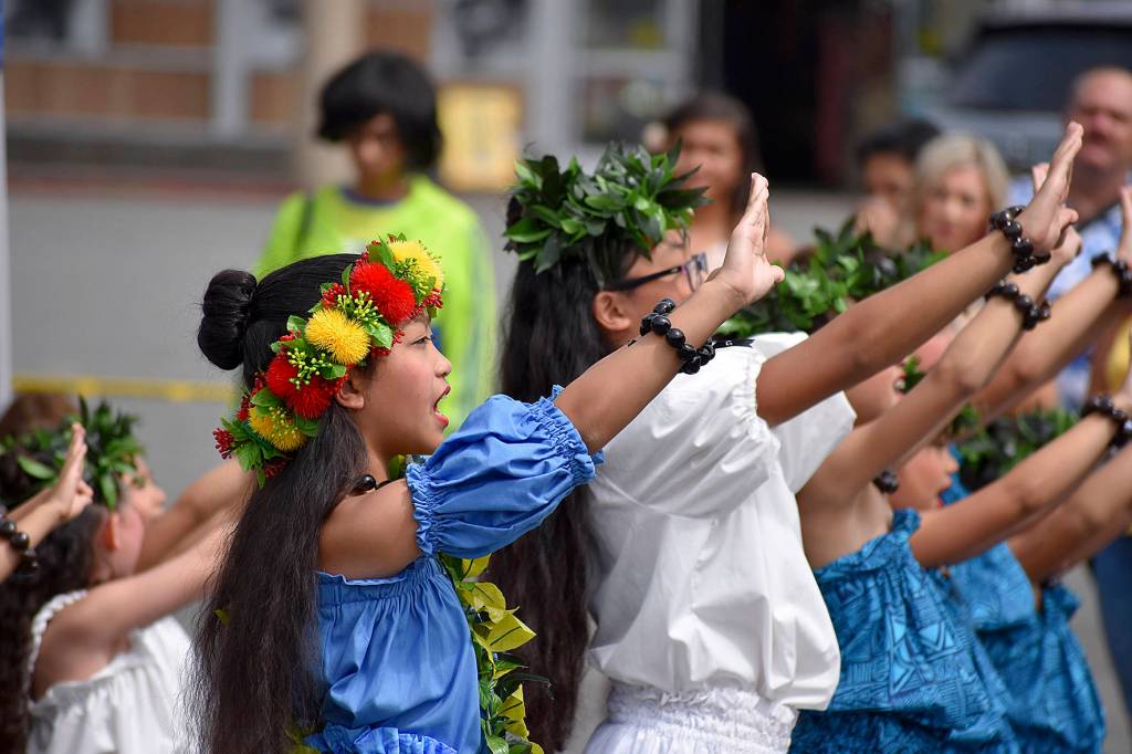 Halau Hula Ka Lei Mokihana I Ka Ua Noe perform at the 10th annual Uwajimaya Renton Polynesian Festival, Saturday Aug. 17. Photo by Haley Ausbun.