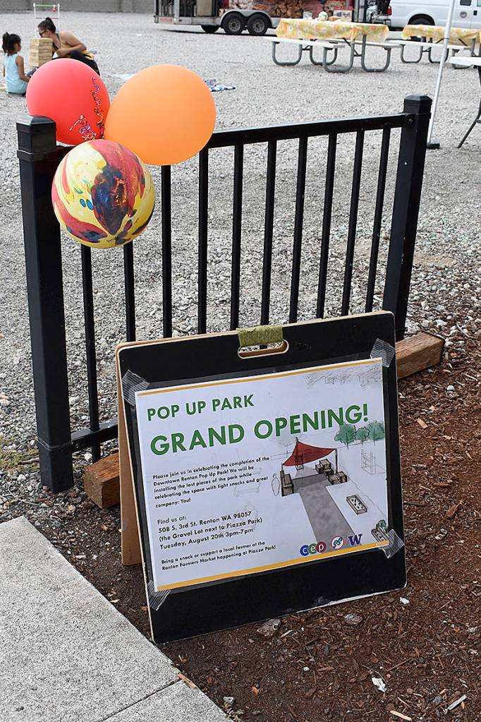 A new, temporary Pop-up Park gave Renton residents visiting the local farmers market a place to rest, or play, for a short-time.                                Photo by Haley Ausbun.