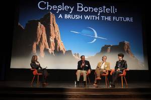 Photo courtesy of Museum of Flight. The Question and Answer session after a screening of Chesley Bonestell: a Brush with the Future held Sunday. Aug. 25, 2019 at the Museum of Flight. Left to right: Museum of Flight public programs manager and moderator Cale Wilcox, documentary filmmaker Douglass Stewart Jr., film participant Benedict Heywood and co-editor, Renton-raised Kristina Hays.