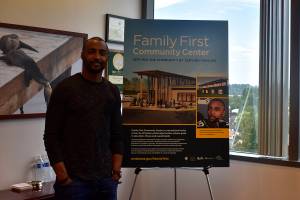 Photo by Haley Ausbun                                Former Seahawk Doug Baldwin talks about the Family First Community Center at Renton City Hall.