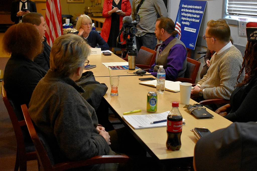 Photo by Haley Ausbun. Sen. Patty Murray (D-WA) with veterans and veteran healthcare provider staff at VFW Post 1263 in downtown Renton.