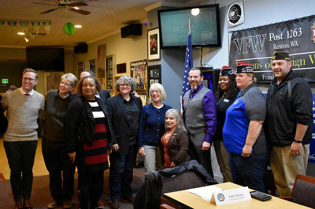 Photo by Haley Ausbun. Sen. Patty Murray (D-WA) with veterans and veteran healthcare provider staff at VFW Post 1263 in downtown Renton.