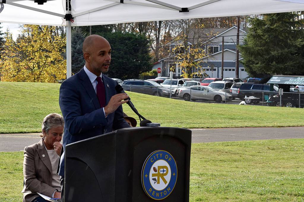 Photo by Haley Ausbun. Renton School District Superintendent Damien Pattenaude at the honorary ribbon cutting at the site for the new Family First Community Center, Saturday, Oct. 26 next to Cascade Elementary School.