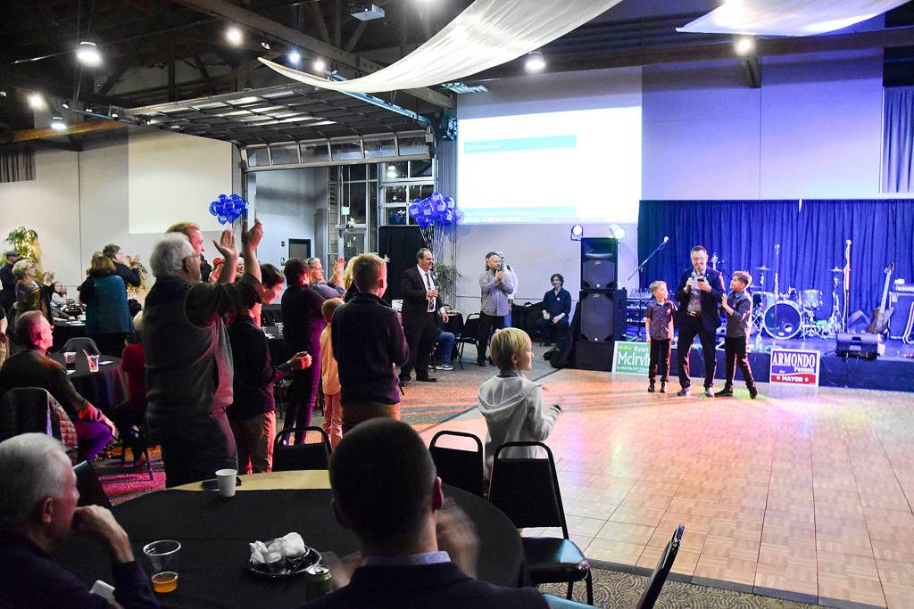 Photo by Gary Palmer. The crowd at Renton Pavillion Events Center including city elected officials, erupted in cheers as Armondo Pavone announced he was ahead in the initial election night results by 918 votes.                                Photo by Gary Palmer, the crowd at Renton Pavillion Events Center including city elected officials, erupted in cheers as Armondo Pavone announced he was ahead in the initial election night results by 918 votes.