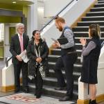 Photo by Haley Ausbun. Andee Jorgensens legacy was honored by Renton Techincal College with naming the Student Success Center after her. Left photo: The Wagner family with Jorgensen scholarship recipient Laura Bautista-Silva, second to left. Right photo: Included in the center is a dragonfly art piece, welded by RTC students.