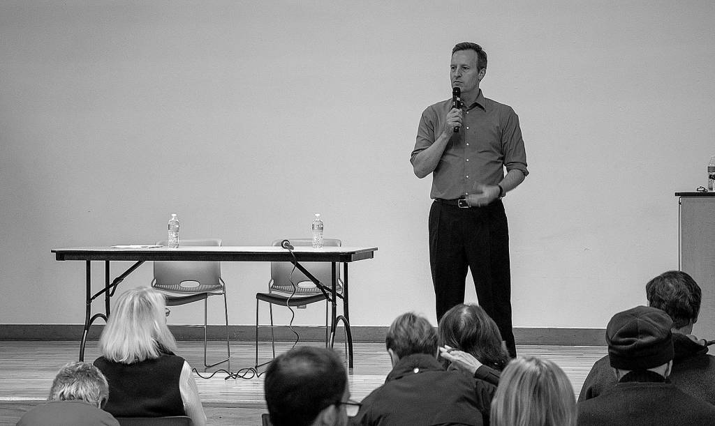 Photo courtesy Brennan Bunn. King County Councilmember Dave Upthegrove speaking at the Transit Town Hall, Dec. 4, at Renton Senior Activity Center.