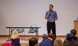 Photo courtesy Brennan Bunn. King County Councilmember Dave Upthegrove speaking at the Transit Town Hall, Dec. 4, at Renton Senior Activity Center.