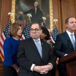 From left, Speaker of the House Nancy Pelosi, House Judiciary Committee Chairman Jerrold Nadler, D-N.Y., House Financial Services Committee Chairwoman Maxine Waters, D-Calif., House Foreign Affairs Committee Chairman Eliot Engel, D-N.Y., and House Intelligence Committee Chairman Adam Schiff, D-Calif., announce they are pushing ahead with two articles of impeachment against President Donald Trump  abuse of power and obstruction of Congress  charging he corrupted the U.S. election process and endangered national security in his dealings with Ukraine, at the Capitol in Washington on Tuesday. (AP Photo/J. Scott Applewhite)