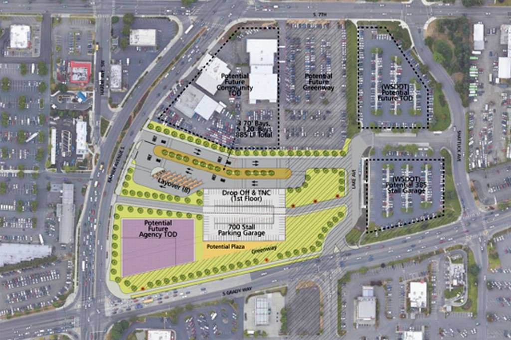 Courtesy of Sound Transit. Renderings are starting to come together for the South Renton Transit Center, relocating from downtown Renton to the old Ford site on the corner of Rainier Avenue and Grady Way.