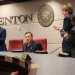 Photo courtesy of city of Renton. Mayor Denis Law receives standing applause at his final council meeting.