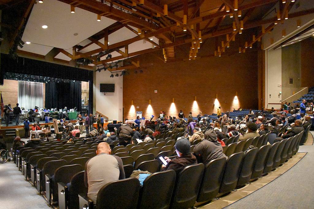 Photo by Haley Ausbun. The United Way Family Resource Exchange event on Martin Luther King Jr. Day, Jan. 20 at Lindbergh High School drew large crowds for the auditorium event: housing assistance. It was the first room many went to that day, Lauren McGowan, United Way director of ending homelessness and poverty, said.
