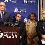 Gov. Jay Inslee opens a news conference Tuesday afternoon at the state Public Health Laboratories in Shoreline. (Kevin Clark / The Herald)