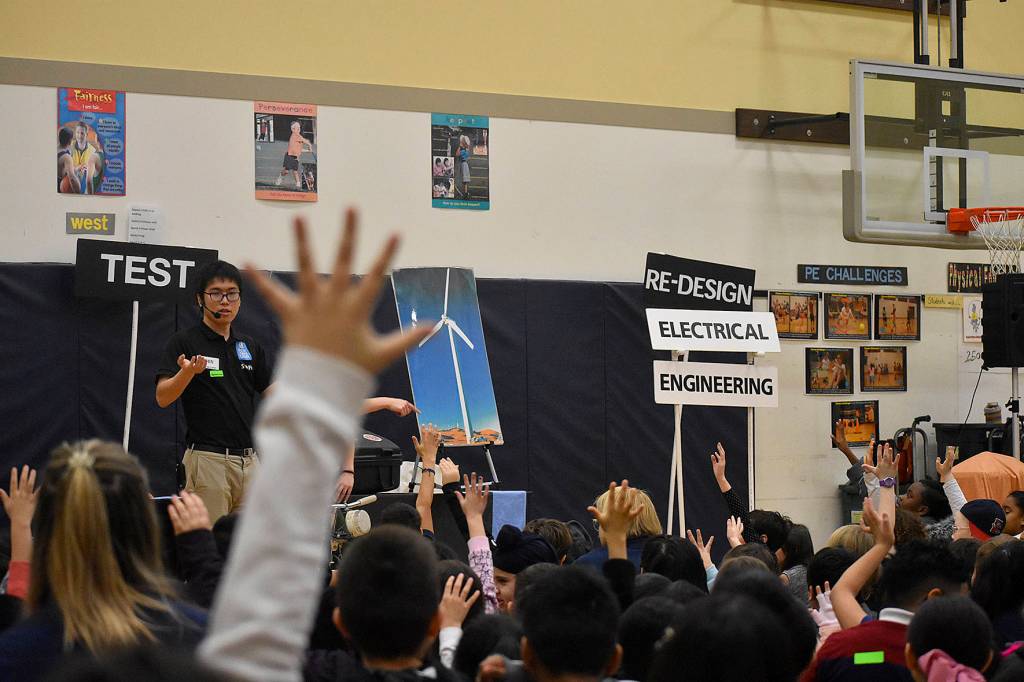Photo by Haley Ausbun. Students at Highlands Elementary School saw STEM in a new, fun way with the Pacific Science Center Science on Wheels visit. During the visit, Amazon representatives announced a $2 million donation to two nonprofits.