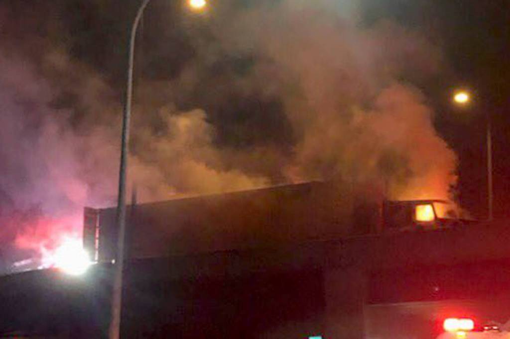 Photo courtesy of AIFF Local 864. Just before 7 p.m. on Saturday, Feb. 8 a five-vehicle collision on Interstate 405 (I-405) North between Renton and Tukwila halted evening traffic and caused an involved semi truck to catch fire.