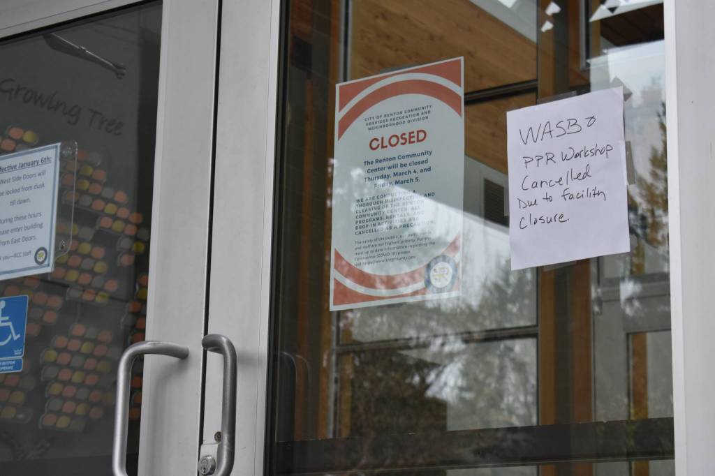 Photo by Haley Ausbun. The Renton Community Center, located at 1715 Maple Valley Highway, was closed Thursday (March 5) and Friday (March 6) after the family of a preschooler in a program there told the city they had been exposed to a case of the novel coronavirus, COVID-19. Pictured: signage about the closure on the door of the center.