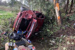 A 3-year-old boy suffered serious injuries as a passenger in this car that crashed early Monday along Interstate 5 in Kent. COURTESY PHOTO, State Patrol