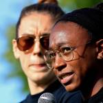 Seattle Storms Jewell Loyd (front) and Breanna Stewart (behind) attend an Our Voice Matters youth/parent forum at Liberty Park on June 4. Use your voice, everyone here matters. Dont be afraid. We hear you and see you, Loyd said. Photo by David Nelson.