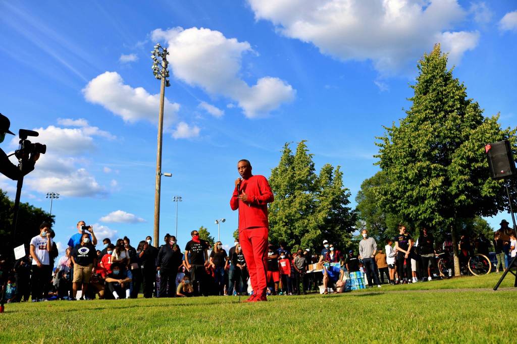 Rainier Beach boys basketball coach Mike Bethea said (George Floyd) is proud of whats going to come out of this. America is coming together for a common cause. There were a few bad eggs. Its not a reflection of all of them (police). Photo by David Nelson.