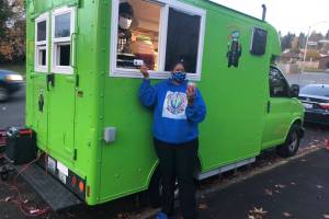 The Moe Vegan food truck serves meals at the city of Kents annual Community Thanksgiving Dinner on Nov. 21, 2020. Sound Publishing file photo