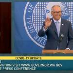 Gov. Jay Inslee waves during his Thursday morning press conference on extending protections for renters. (TVW)
Gov. Jay Inslee waves during his Thursday morning press conference on extending protections for renters. (TVW)