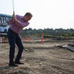 Renton Mayor Armondo Pavone takes ceremonial swing of of tee (photo credit: Cameron Sheppard)
